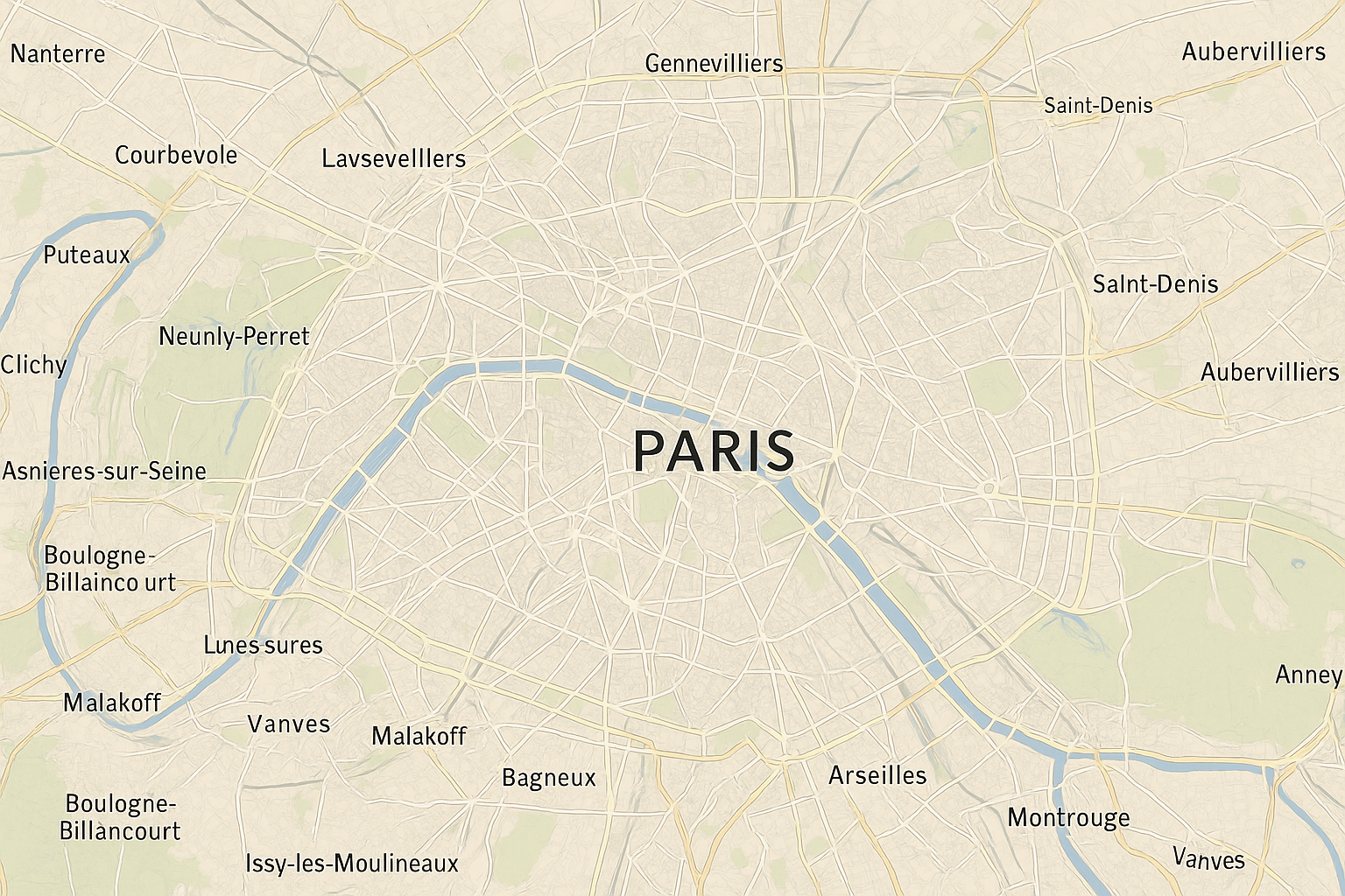 Mapa de París con ciudades